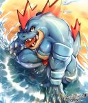  2018 anthro bulge clothed clothing digital_media_(artwork) feraligatr looking_at_viewer male muscular muscular_male nintendo nipples pok&eacute;mon pok&eacute;mon_(species) sand scalie snartlesad solo video_games water 