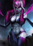  1girl abs absurdres adjusting_hair artist_name bare_shoulders black_sclera breasts claws cleavage closed_mouth dandon_fuga evelynn facial_mark finger_to_mouth fingernails grey_skin highres hips large_breasts league_of_legends legs lips long_fingernails looking_at_viewer multicolored_hair navel pink_lips rock shiny shiny_skin short_hair_with_long_locks simple_background sitting smile solo thighs two-tone_hair wide_hips yellow_eyes 