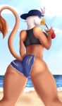  2018 absurd_res anthro anthrofied avian beach beak beverage breasts brown_feathers butt clothed clothing digital_media_(artwork) feathers female friendship_is_magic gilda_(mlp) gryphon hat hi_res looking_at_viewer mina-the-pie my_little_pony outside sand seaside sky smile soda solo standing water 