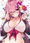  absurdres adjusting_eyewear bare_shoulders bikini blush breasts cleavage closed_mouth collarbone commentary_request cup drinking_straw eyebrows_visible_through_hair fate/grand_order fate_(series) food fou_(fate/grand_order) glasses grey_jacket hair_over_one_eye highres ice_cream jacket large_breasts lavender_hair looking_at_viewer mash_kyrielight medjed navel netarou open_clothes open_jacket petals purple_eyes short_hair simple_background solo swimsuit swimsuit_of_perpetual_summer water_drop white_background white_bikini 