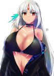  azur_lane bangs bare_shoulders bikini_top black_bikini_top black_jacket breasts brown_eyes choker dark_skin expressionless eyebrows_visible_through_hair facial_mark feathers forehead_mark hair_feathers highres huge_breasts ibara_azuki jacket long_hair long_sleeves looking_at_viewer massachusetts_(azur_lane) native_american navel off_shoulder open_clothes open_jacket parted_bangs silver_hair solo swimsuit swimsuit_under_clothes tattoo very_long_hair 