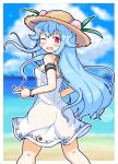  ;d absurdres armband ass bangs bare_shoulders beach blue_hair blue_sky blurry blurry_background blush bracelet breasts brown_hat cloud day dress eruru_(erl) eyebrows_visible_through_hair fang food fruit hat highres hinanawi_tenshi jewelry kneepits light_blue_hair long_hair looking_at_viewer looking_back ocean one_eye_closed open_mouth outdoors outline peach red_eyes sky small_breasts smile solo straw_hat touhou very_long_hair water white_dress white_outline 