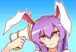  animal_ears blue_background bunny_ears commentary english_commentary eyebrows_visible_through_hair gradient gradient_background highres long_hair looking_away lunatic_gun majormilk parted_lips purple_hair red_eyes reisen_udongein_inaba simple_background solo touhou upper_body wool_(miwol)_(style) 