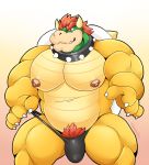  2018 4_fingers bowser bulge claws clothing collar front_view gradient_background hair male mario_bros muscular muscular_male nintendo nipples pecs pubes red_eyes red_hair reptile scalie schwarzfox signature simple_background smile solo spiked_collar spikes standing thong video_games 