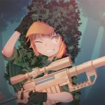  black_gloves blush bolt_action camouflage cheytac_m200 eyebrows_visible_through_hair gloves gun hat holding holding_gun holding_weapon looking_at_viewer nyifu one_eye_closed orange_eyes orange_hair orange_hat original parted_lips rifle short_hair short_sleeves smile sniper_rifle solo teeth upper_body weapon 