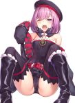  bare_shoulders breasts cameltoe d; detached_collar detached_sleeves dress fate/grand_order fate_(series) hat helena_blavatsky_(fate/grand_order) highres kaerunoko one_eye_closed open_mouth purple_eyes purple_hair short_hair small_breasts strapless strapless_dress 
