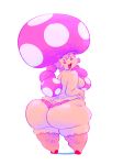  2018 5_fingers big_butt blush breasts butt clothed clothing digital_media_(artwork) female hair huge_butt humanoid legwear lingerie lipstick looking_at_viewer looking_back makeup mario_bros nintendo not_furry open_mouth panties pink_hair rear_view short_hair short_stack shortstack side_boob simple_background slb slightly_chubby smile solo standing stockings thick_thighs thigh_highs toad_(mario) toadette topless underwear video_games white_background wide_hips 