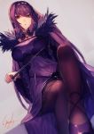  bangs breasts commentary_request covered_navel dress fate/grand_order fate_(series) fur_trim jewelry kyouya_(mukuro238) large_breasts long_hair looking_at_viewer pantyhose purple_dress purple_hair red_eyes scathach_(fate)_(all) scathach_skadi_(fate/grand_order) silver_trim simple_background sitting solo tiara wand 