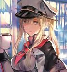  blonde_hair breasts capelet closed_mouth commentary_request cup graf_zeppelin_(kantai_collection) grey_eyes hair_between_eyes hat high_ponytail holding holding_cup iron_cross kantai_collection large_breasts military military_hat military_uniform multicolored multicolored_background necktie peaked_cap rioka_(southern_blue_sky) sidelocks solo twintails uniform white_hat window 