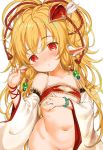  :o animal_ears bandeau bare_shoulders blonde_hair blush bottomless bracelet commentary_request covering covering_breasts detached_sleeves ear_grab ear_pull eyebrows_visible_through_hair feathers flat_chest granblue_fantasy hair_ornament harvin jewelry long_hair looking_at_viewer mahira_(granblue_fantasy) mutsutake navel nose_blush out-of-frame_censoring red_eyes solo wide_sleeves 