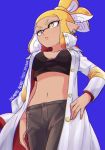  artist_name black_pants black_shirt blonde_hair blue_background closed_mouth coat commentary_request cowboy_shot crop_top dark_skin earrings hand_on_hip inumaru_akagi jacket_on_shoulders jewelry light_frown long_sleeves looking_to_the_side midriff n-pacer_(splatoon) navel open_clothes open_coat pants pixiv_id pointy_ears popped_collar shirt short_hair short_ponytail simple_background solo splatoon_(manga) splatoon_(series) standing v-shaped_eyebrows white_coat yellow_eyes 