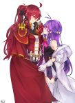  aether_sage_(elsword) aisha_(elsword) antenna_hair artist_name bad_id bad_pixiv_id bare_shoulders boots cape elesis_(elsword) elsword empire_sword_(elsword) gloves gomiyama hair_ornament highres long_hair looking_at_another multiple_girls ponytail purple_eyes purple_hair red_cape red_eyes red_hair shirt sleeveless sleeveless_shirt smile thigh_boots thighhighs very_long_hair white_background white_gloves yuri 