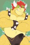  2018 anthro bowser bracelet bulge clothing crossed_arms erection erection_under_clothes front_view grin hair horn jewelry kerun male mario_bros muscular navel nintendo pecs precum red_eyes red_hair reptile scalie simple_background smile solo spiked_bracelet spikes standing sweat teeth underwear video_games 