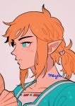  artist_name blonde_hair blue_eyes collarbone grey_background highres holding holding_spoon link long_hair male_focus meyoco pointy_ears portrait simple_background solo spoon the_legend_of_zelda the_legend_of_zelda:_breath_of_the_wild wooden_spoon 