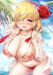  alternate_breast_size bikini blonde_hair blush breasts fang goriyaku large_breasts looking_at_viewer navel nipples one_eye_closed open_mouth plump red_eyes ribbon rumia short_hair smile solo swimsuit touhou water 