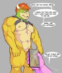  2018 5_fingers abs anthro balls biceps bowser claws duo english_text front_view grey_background hair horn humanoid_penis leather male mario_and_luigi_(series) mario_bros midbus muscular navel nintendo nipples nude pecs penis phone pink_skin pose red_eyes red_hair reptile scalie simple_background solo_focus speech_bubble standing teeth text vein veiny_penis video_games wkd yellow_skin 