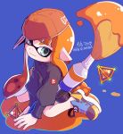  arm_support artist_name bangs baseball_cap black_jacket black_shorts blue_background blue_footwear blunt_bangs closed_mouth commentary_request domino_mask full_body green_eyes hat inkbrush_(splatoon) inkling inumaru_akagi jacket leaning_forward logo long_hair long_sleeves looking_at_viewer mask orange_hair orange_hat paint_splatter pixiv_id pointy_ears shoes shorts sideways_hat sitting smile solo splat_bomb_(splatoon) splatoon_(series) splatoon_1 wariza 