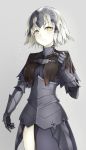  armor armored_dress chain cowboy_shot dress eyebrows_visible_through_hair fate/grand_order fate_(series) gauntlets grey_background grey_dress highres jeanne_d'arc_(alter)_(fate) jeanne_d'arc_(fate)_(all) looking_at_viewer peace_inari short_hair silver_hair simple_background solo standing yellow_eyes 