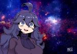  @_@ ahoge al_bhed_eyes blush breasts chichibu_(chichichibu) commentary_request dress galaxy hairband hex_maniac_(pokemon) jpeg_artifacts large_breasts long_hair meme nebula open_mouth outline poke_ball_symbol pokemon pokemon_(game) pokemon_xy purple_dress purple_eyes purple_hair purple_hairband shiny shiny_hair sky smile space space_cat_(meme) star_(sky) starry_sky turtleneck upper_body 