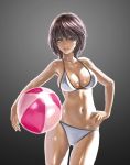 ass_visible_through_thighs ball bangs beachball bikini black_background breasts brown_eyes brown_hair commentary_request cowboy_shot hand_on_hip holding ikeda_(hayato) large_breasts light_smile lips looking_at_viewer medium_hair navel original parted_lips skindentation solo standing string_bikini swimsuit thighs 