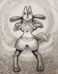  2017 3_fingers 3_toes ambiguous_gender anthro biped black_and_white canine digitigrade energy_ball featureless_crotch flufflix front_view full-length_portrait fur glowing hatching_(technique) hi_res looking_at_viewer lucario magic_user mammal monochrome nintendo nude pen_(artwork) pok&eacute;mon pok&eacute;mon_(species) portrait pseudo_clothing serious shadow snout solo spikes standing tendrils toes toony traditional_media_(artwork) video_games 