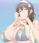  absurdres areolae braid breasts brown_eyes brown_hair commentary deep_skin flower hair_flower hair_ornament hair_over_shoulder hairband highres huge_breasts idolmaster idolmaster_shiny_colors kuwayama_chiyuki lifted_by_self lingerie long_hair looking_at_viewer nippleless_clothes nipples q_(ed69) shirt_lift single_braid skindentation smile solo sweat underwear upper_body veiny_breasts 