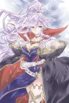  belt black_cape boots bracelet breasts cape choker cleavage closed_mouth collar commentary cross cross_choker cross_earrings dress earrings elbow_gloves expressionless fire_emblem fire_emblem:_seisen_no_keifu gem gloves high_ponytail highres ishtar_(fire_emblem) jewelry large_breasts lavender_hair lightning long_hair necklace pauldrons ponytail purple_eyes shoulder_armor side_ponytail side_slit sidelocks solo thigh_boots thighhighs thighs white_belt white_footwear white_gloves ziro 