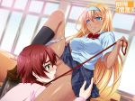  2girls artist_request blonde_hair blue_eyes blush censored collar cunnilingus dark_skin green_eyes kneeling leash licking long_hair multiple_girls open_mouth oral panties panties_around_leg pussy red_hair saliva school_uniform short_hair sitting skirt slave smile spread_legs sweat tongue underwear yuri 