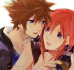  1girl blue_eyes brown_hair commentary_request dress fingerless_gloves gloves jacket kairi_(kingdom_hearts) kingdom_hearts kingdom_hearts_ii medium_hair ramochi_(auti) red_hair short_hair sora_(kingdom_hearts) 