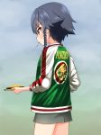  anzio_(emblem) bangs black_hair braid brown_eyes closed_mouth commentary_request cowboy_shot emblem english eyebrows_visible_through_hair food fork fork_in_mouth from_behind frown girls_und_panzer green_jacket grey_skirt hair_tie highres holding holding_food jacket letterman_jacket long_sleeves looking_to_the_side miniskirt mouth_hold partial_commentary pencil_skirt pepperoni_(girls_und_panzer) plate ruka_(piyopiyopu) short_hair side_braid skirt solo standing 