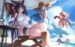  bare_shoulders barefoot beach beatrix_(granblue_fantasy) bikini black_hair blue_bikini blue_eyes blue_hair blue_sky book breasts bridal_gauntlets brooch brown_hair chair cleavage cloud crossed_legs day dress drink erune eyewear_on_head granblue_fantasy grin hat ilsa_(granblue_fantasy) jewelry large_breasts long_hair looking_at_viewer lounging lyria_(granblue_fantasy) multiple_girls na_(oagenosuke) no_panties ocean open_mouth parasol red_bikini sarong see-through sitting sky smile sun_hat sunglasses swimsuit table twintails umbrella vee_(granblue_fantasy) very_long_hair white_dress zeta_(granblue_fantasy) 