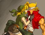  1girl arm_support bandana belt black_gloves black_pants black_shorts blonde_hair brown_belt closed_mouth clothes_grab dated eyebrows_visible_through_hair from_side frown gloves green_bandana green_jacket hetero jacket kasamoto_eri kneeling leaning_back leaning_forward marco_rossi medium_hair metal_slug pants red_jacket sasisage shirt short_shorts shorts sideburns sitting sleeveless_jacket sweatdrop white_headband white_shirt 