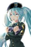  absurdres american_flag black_hat black_neckwear blue_eyes blue_hair blue_shirt eyebrows_visible_through_hair floating_hair green_jacket hair_between_eyes hat hatsune_miku highres holding icefurs jacket long_hair military military_uniform necktie open_mouth shirt simple_background solo star tears twintails uniform upper_body very_long_hair vocaloid white_background 