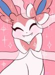  2017 absurd_res black_nose blush bust_portrait canine digital_drawing_(artwork) digital_media_(artwork) eeveelution eyelashes eyes_closed fangs female feral flufflix front_view fur happy head_tuft hi_res mammal multicolored_fur nintendo pink_background pink_fur pink_theme pok&eacute;mon pok&eacute;mon_(species) portrait ribbons simple_background sitting smile solo sparkle sylveon tendrils toony translucent_body two_tone_fur video_games white_fur 