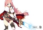  armor belt blue_eyes braid breasts cape cleavage commentary_request cross gauntlets greaves isizuaki large_breasts long_hair lord_knight ragnarok_online red_hair skirt solo sword thighhighs torn_clothes weapon 