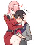  1girl bangs black_hair blue_eyes blush breasts commentary_request couple darling_in_the_franxx green_eyes hair_ornament hairband hand_on_another's_head hand_on_another's_neck heart hetero hiro_(darling_in_the_franxx) horns hug leg_up lipstick long_hair looking_at_viewer makeup medium_breasts no_legwear oni_horns pink_hair red_horns signature thighs toma_(norishio) tongue tongue_out translated white_hairband zero_two_(darling_in_the_franxx) 
