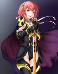  armor black_armor breasts cape cleavage commentary_request cosplay eeryuu_(2004107) female_my_unit_(fire_emblem_if) female_my_unit_(fire_emblem_if)_(cosplay) fire_emblem fire_emblem_if gauntlets gem gold_trim groin hair_ornament hairband highres holding holding_sword holding_weapon medium_breasts my_unit_(fire_emblem_if) open_mouth pink_hair red_eyes sakura_(fire_emblem_if) short_hair simple_background solo standing sword weapon 