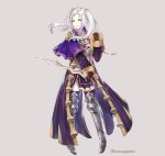  armor book bozugame brown_gloves capelet commentary_request female_my_unit_(fire_emblem:_kakusei) fire_emblem fire_emblem:_kakusei full_body gloves greaves grey_background holding holding_book holding_sword holding_weapon long_sleeves md5_mismatch my_unit_(fire_emblem:_kakusei) parted_lips robe simple_background solo standing sword thighhighs twintails twitter_username weapon white_hair yellow_eyes zettai_ryouiki 