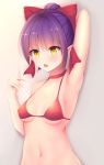  arm_up armpits bangs bikini blush bow breasts brown_background choker collarbone covered_nipples endsmall_min eyebrows_visible_through_hair fingernails gegege_no_kitarou gradient gradient_background grey_background hair_between_eyes hair_bow halter_top halterneck hand_up high_ponytail highres md5_mismatch medium_breasts navel nekomusume nekomusume_(gegege_no_kitarou_6) parted_lips ponytail purple_hair red_bikini red_bow red_choker sharp_fingernails short_hair sidelocks solo swimsuit very_long_fingernails yellow_eyes 