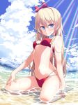  barefoot beach bikini blonde_hair blue_eyes blue_sky bow breasts choker cloud cloudy_sky day eyebrows_visible_through_hair fisheye game_cg hair_between_eyes hair_bow hairband highres kirara_fantasia long_hair looking_at_viewer multi-strapped_bikini navel new_game! non-web_source o-ring o-ring_bikini o-ring_bottom official_art outdoors partially_submerged red_bikini sitting sky small_breasts smile solo swimsuit tokunou_shoutarou wariza wet wet_hair yagami_kou 