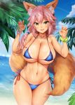 :d animal_ear_fluff animal_ears bangs bare_shoulders beach bikini blue_bikini blue_sky blush bracelet breasts claw_pose cleavage cloud collarbone cowboy_shot day eyebrows_visible_through_hair fang fate/extra fate/grand_order fate_(series) fox_ears fox_tail hair_between_eyes hands_up hips jewelry large_breasts legs_together long_hair looking_at_viewer md5_mismatch navel ocean oni-noboru open_mouth outdoors palm_tree paw_pose pink_hair revision shiny shiny_skin sky smile solo standing swimsuit tail tamamo_(fate)_(all) tamamo_no_mae_(swimsuit_lancer)_(fate) tan tanline thighs tree yellow_eyes 