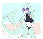  2018 anthro blue_eyes breasts clothed clothing crop_top digital_drawing_(artwork) digital_media_(artwork) eyewear female fish glasses green_skin marine midriff navel non-mammal_breasts open_mouth punipaws shark shirt simple_background solo swimsuit tora_(punipaws) towel underwear wet 