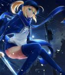  absurdres ahoge artoria_pendragon_(all) blonde_hair blue_buruma blue_eyes blue_hat blue_jacket blue_legwear blue_scarf buruma day excalibur fate/grand_order fate_(series) floating_hair from_below gym_uniform hat highres jacket long_hair looking_at_viewer mysterious_heroine_x night open_clothes open_jacket outdoors ponytail scarf shirt slime_(user_jpds8754) solo sparkle thighhighs white_shirt 