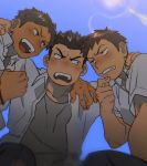  black_hair blue_sky blush brown_hair chin_stroking clenched_hand day from_below huddle lens_flare looking_at_another male_focus multiple_boys open_mouth original school_uniform sky smile squatting st05254 surprised 