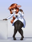  anthro breasts brown_eyes brown_hair cervine cleavage clothed clothing doe_(alfa995) female hair lab_coat mammal solo zedrin 