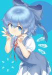  :o bangs blue blue_background blue_bow blue_eyes blue_hair bow cirno detached_wings eyebrows_visible_through_hair fairy hair_between_eyes hair_bow highres ice ice_wings looking_at_viewer monosenbei neck_ribbon open_mouth puffy_short_sleeves puffy_sleeves red_ribbon ribbon short_hair short_sleeves solo touhou v-shaped_eyebrows wings 