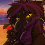  2017 alcohol anthro beach beverage big_eyes bikini black_hair black_scales clothing cocktail digital_media_(artwork) dragon female glowing glowing_eyes grey_horns hair headshot highlights horn icon ki&#039;eruu kieruu long_hair martini martini_glass may825 orange_slice purple_highlights purple_scales reptile sand scales scalie seaside sky solo summer sunset swimsuit twilight umbrella water yellow_eyes 