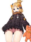  :o abigail_williams_(fate/grand_order) absurdres bangs black_bow black_jacket blonde_hair blue_eyes blush bow commentary_request eyebrows_visible_through_hair fate/grand_order fate_(series) from_below hair_bow hair_bun heroic_spirit_traveling_outfit highres holding holding_stuffed_animal jacket long_hair long_sleeves looking_at_viewer looking_down orange_bow panties parted_bangs parted_lips pink_panties polka_dot polka_dot_bow rangen round_teeth simple_background sleeves_past_wrists solo stuffed_animal stuffed_toy teddy_bear teeth underwear upper_teeth white_background 