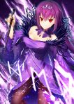  bangs bare_shoulders breasts cleavage closed_mouth collarbone commentary detached_collar dress emanon123 fate/grand_order fate_(series) fur_trim hair_between_eyes highres jewelry large_breasts long_hair looking_at_viewer necklace pendant purple_dress purple_hair red_eyes runes scathach_(fate)_(all) scathach_skadi_(fate/grand_order) smile solo thighs tiara wand wide_sleeves 
