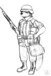  2018 armor army black_and_white canine clothed clothing english_text fox gun mammal military monochrome peggy_patterson ranged_weapon savagelyrandom shotgun simple_background soldier text uniform weapon 